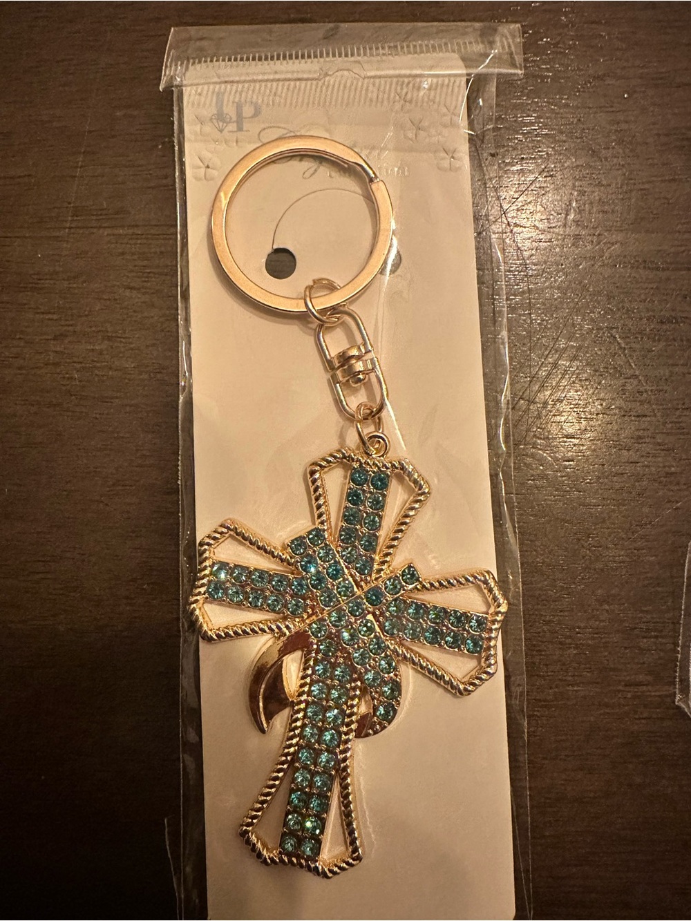 Gold-Tone Cross Key & Card Holder Charm with Blue Crystals
